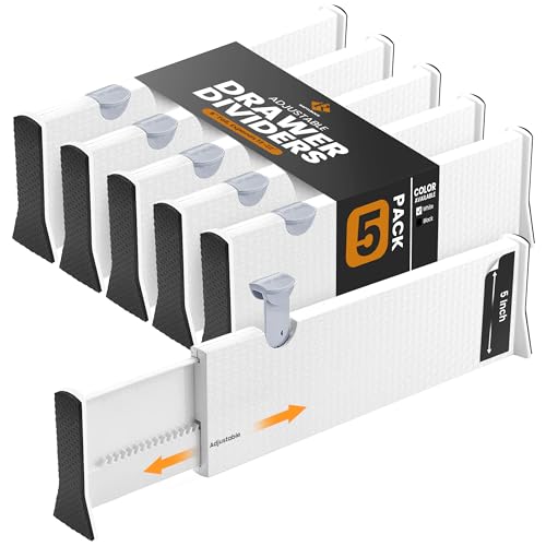 RAPTUROUS Adjustable Deep Drawer Divider – 5" Tall, Expandable 13-22", 5-Pack, Non-Slip Drawer Dividers for Clothes, Dresser, Kitchen & Office Organization (White)