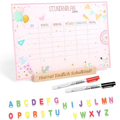 iZoeL Einschulung Stundenplan abwischbar inkl 26 Buchstabenkleber Stift Schulkind Stundenplan 1. Klasse Mädchen Jungen Schultüte Füllung Stundenplan Rosa