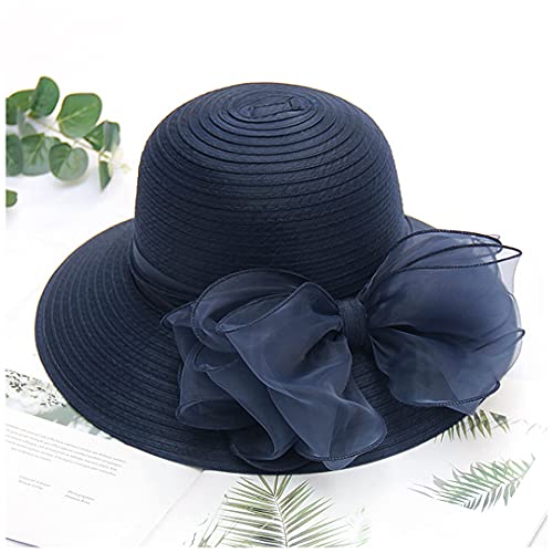 Haoohu Women's Church Derby Hat Wide Brim Bow Bucket Hat Wedding Dress Hat Fascinator Bridal Tea Party Hat Navy Blue #TOP5