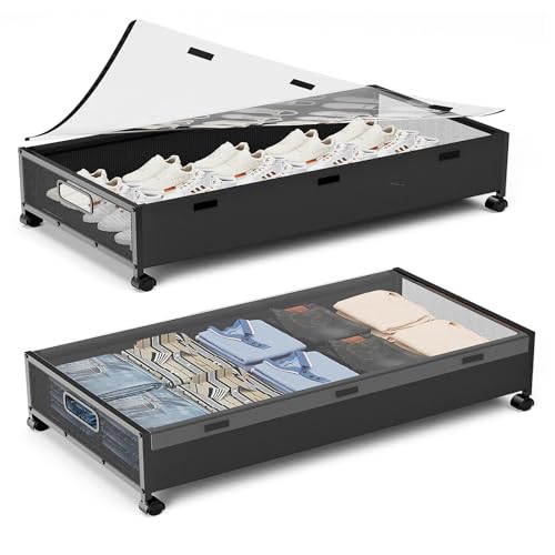 Contenitori portaoggetti sotto il letto con ruote, 80 l, organizer per scarpe extra large da mettere sotto il letto, confezione da 2 con coperchi rimovibili, grandi cassetti arrotolabili sotto il