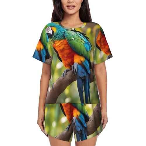 Pyjama court femme imprimé perroquet ensemble été maison et voyage confortable