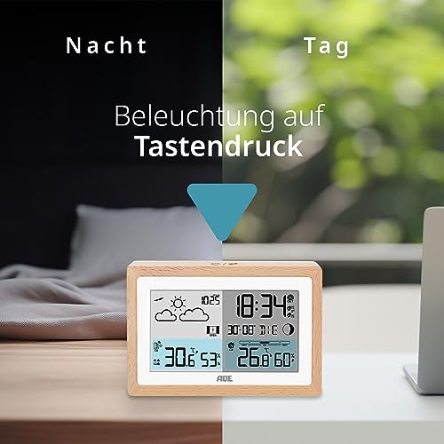 Foto von ADE Digitale Wetterstation Funk mit Außensensor | Innen- und Außentemperatur | Hygrometer, Barometer, Wettervorhersage | Lüftungsempfehlung | Funkwecker | Beleuchtung | Rahmen aus Holz