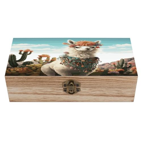 QWNMD Caja de almacenamiento de madera con cierre frontal, caja de almacenamiento de madera vintage con estampado verde llama mexicana, cajas de madera para manualidades, pasatiempos, joyas