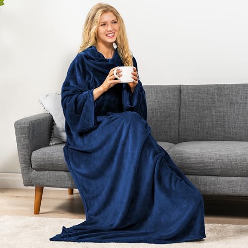 Premium Fleece Blanket with Sleeves by Pavilia Warm, Cozy, Extra Soft, Functional, Lightweight (Navy, Kangaroo Pocket)