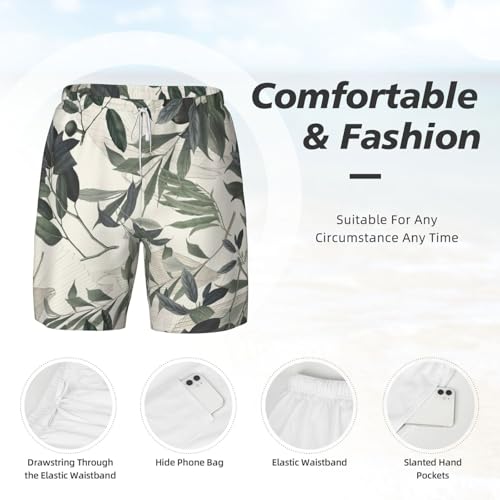 Men's Cute Palm Tree Leaves Print Quick-Dry Mesh Swim Trunks Stretch Lining Beach Shorts Surfing Summer Vacations4