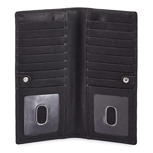 Image of Long Wallet for Men Women Real Leather Bifold RFID Stylish Slim Handmade 2 ID Window Credit Card Holder in Gift Box (Black, Crazy Horse)