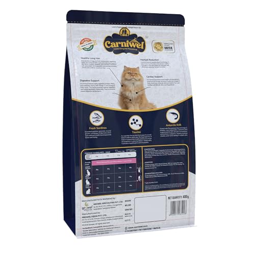 Image of Carniwel Persian Adult Dry Cat Food with Antarctic Krill | 3X Healthy Skin & Coat | Easy Digestion & Hairball Reduction, 400 gm