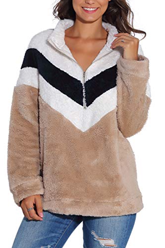 Women Fuzzy Coat Fleece Long Sleeve Zipper Color Block Pullover Sweatshirt Sherpa Jacket Brown M