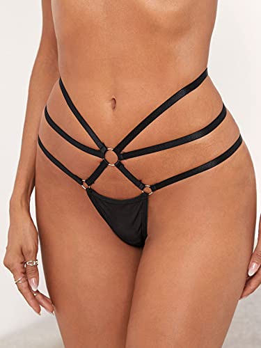 Soly Hux Women's Sexy Cut Out Mesh Thongs Underwear Panties Black L #TOP2