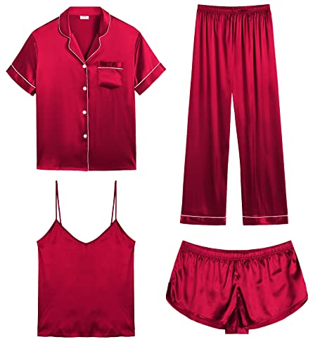 Image of SWOMOG Womens Silk Satin Pajamas Sets 4pcs Sleepwear Sexy Cami Shorts Set and Button Down Short Sleeve Pjs Loungewear