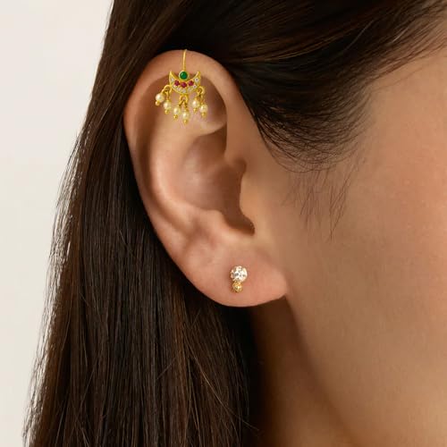 Image of VAMA FASHIONS 18K Gold Plated Anti Tarnish Half Moon Peacock Shape Traditional Maharashtrian Press on Bugadi Upper Ear Clip on Earrings For Women & Girls