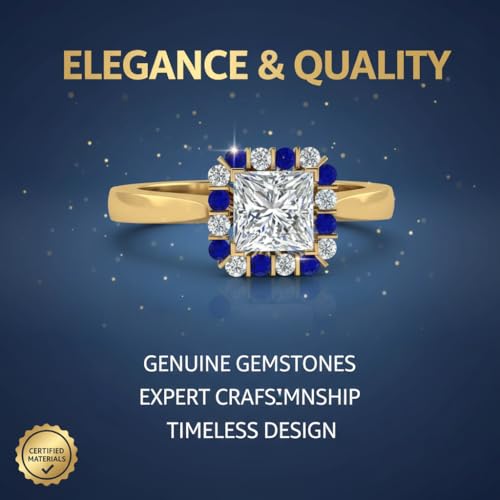 Image of Choose Your Gemstone Floating Halo Diamond CZ Ring Yellow Gold Plated Princess Shape Halo Engagement Rings Everyday Jewelry Wedding Jewelry Handmade Gifts for Wife US Size 4 to 12