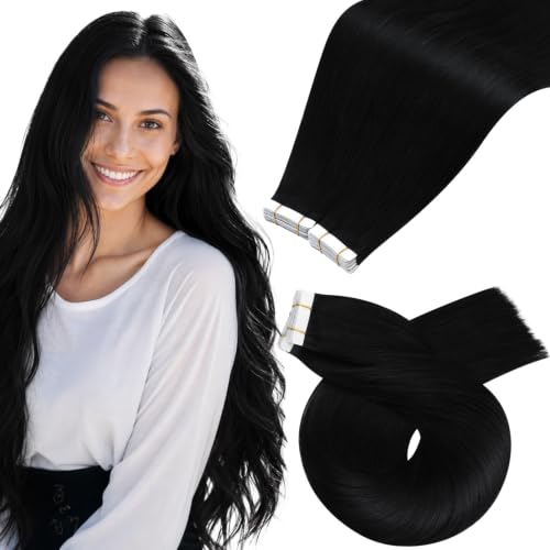 Moresoo Jet Black Tape In Extensions Human Hair, 28 Inch, 40Pcs, 100g