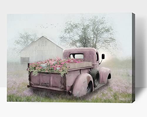 Rustic Old Truck Wall Art Farmhouse Barn Canvas Prints Modern Truck and Flowers Wall Painting for Farmhouse Kitchen Decor Country Farm Pictures Car Artwork Framed for Living Room Bedroom 24×36