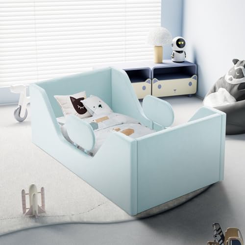 Image of JUNHEDAMAI Toddler Bed Frame, Toddler Floor Bed with Removable Safety Rails, Kids Bed for Girl and Boys, Fits Full Size Crib Mattress, Certified Fabric Toddler Beds, Ages 18+ Months Old Kids