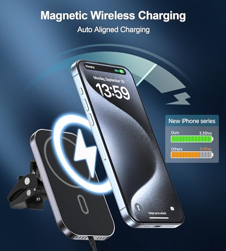 Mukiya for MagSafe Car Mount Charger with Adapter, 360° Rotation Magnetic Wireless iPhone Car Charger for Air Vent, Compatible with iPhone 17/16/15/14/13/12 Series