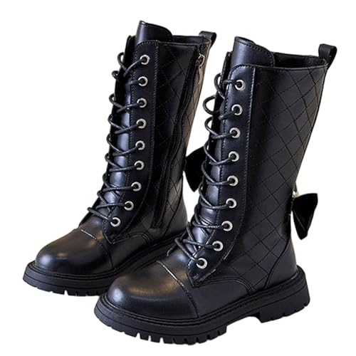 Lace-Up Combat Boots for Girls High Tall Side Zip-Up Knee Length Riding Boots Fashion Plain Lug Sole Low Heels Shoes