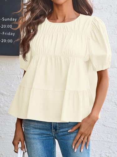 Image of Tankaneo Womens Puff Sleeve Peplum Babydoll Tops Summer Flowy Pleated Cotton T-Shirts Casual Loose Fit Cute Blouse