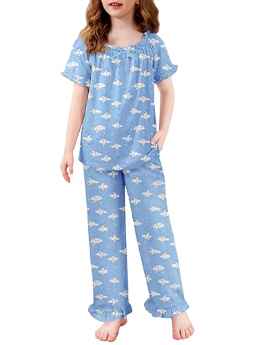 Arshiner Girls Pajamas Soft 2 Piece Pjs Sets Ruffle Short Sleeve Long Pants Sleepwear