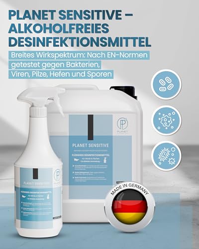 Planet Sensitive® - 5L alkoholfreies Desinfektionsmittel für Flächen, Oberflächen, Hände & Haut | Wirksam gegen Bakterien, Viren, Pilze, Sporen, Schimmel & entfernt Gerüche | Basisch | Kanister