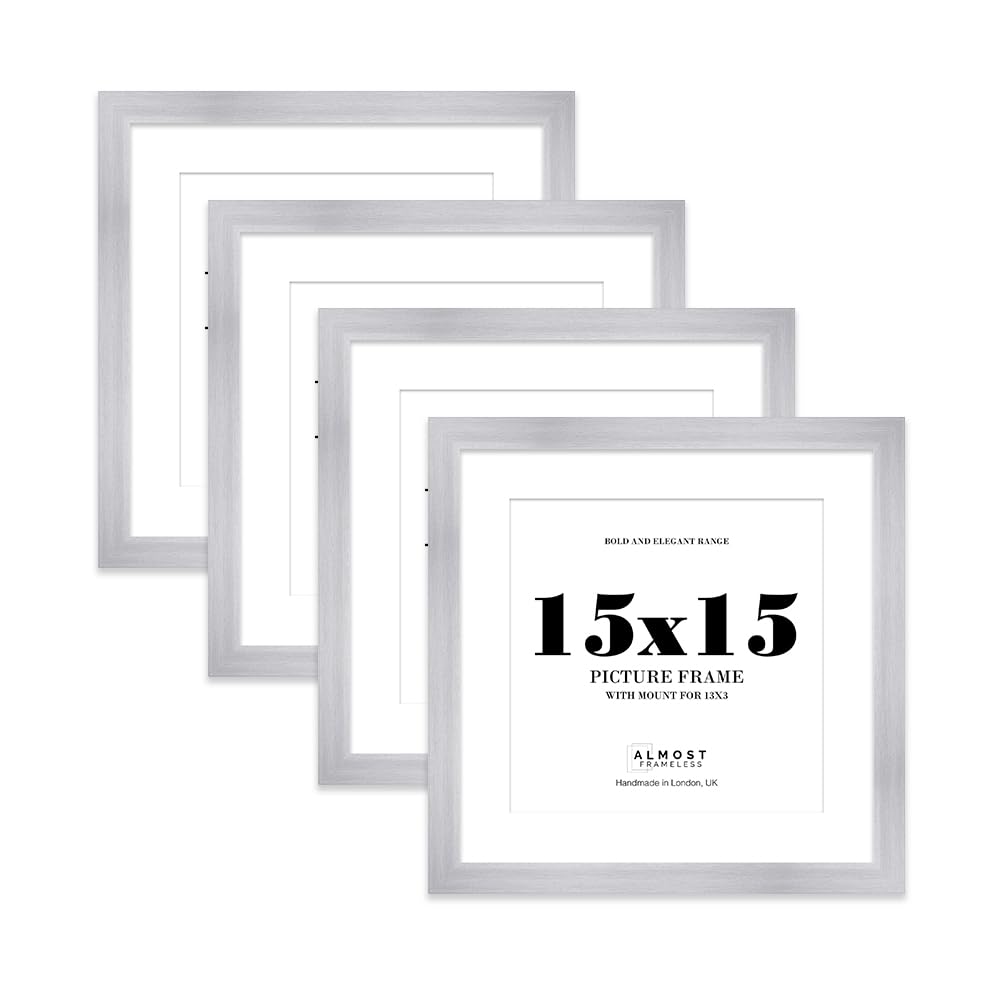 15x15" Silver Square Frame With Mount for 13x13" Pictures 28mm Edge Frame Display with Wall Hooks, 4 Pack