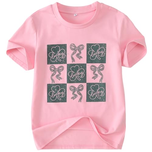 Image of Kid Girls St. Patricks Day Shirts Bow Lucky T-Shirt Shamrock Tees Clover Short Sleeve Tops Irish Outfits 7-12 Years