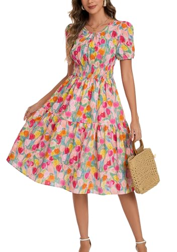 Image of Kormei Women Summer Casual Boho Floral Round Neck Short Sleeve Smocked Waist Tiered Flowy Swing Midi Dress M Pink Floral