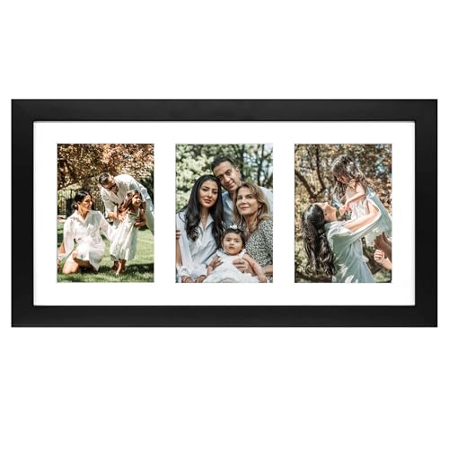 Golden State Art, 9x18 Black Wood Frame - White Mat for Three 5x7 Pictures - Sawtooth Hangers- Swivel Tabs - Wall Mounting - Landscape/Portrait - Real Glass - Collage Frame