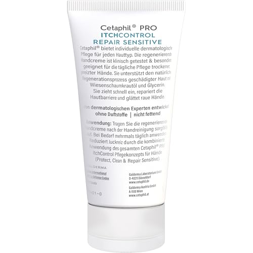 CETAPHIL PRO ItchControl Repair Sensitive Regenerierende Handcreme, 50ml, Für juckende, trockene und gereizte Hände, Glättet raue Hände & mildert Irritationen z.B. durch häufiges Händewaschen