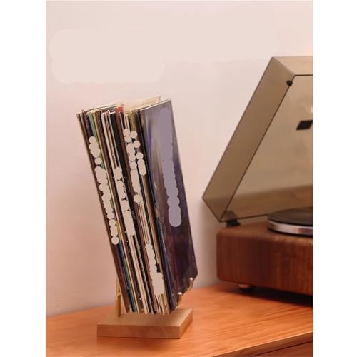 Elegancka półka na płyty winylowe, retro, drewniana płyta do przechowywania płyt z mosiężnymi akcentami, stylowy uchwyt winylowy na płyty i płyty CD, idealny dla miłośników muzyki