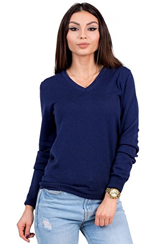 KNITTONS Women's Wool Classic Slim Fit V-Neck Sweater Pullover (Large, Navy)