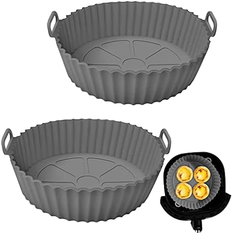 8 Inch Air Fryer Silicone Liners, CNMTCCO Round Air Fryer Silicone Pot, Air Fryer Accessories, Reusable Air Fryer Silicone Basket, Air Fryer Silicone Tray for Home Kitchen (Grey + Grey) Cover