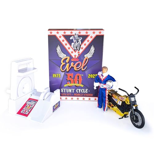 Evel Knievel Wembley 50th Anniversary Stunt Cycle Set – Limited Gold Edition Wind-Up Motorcycle with Rip Cord Launcher – Collectible Action Figure...