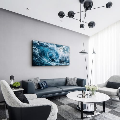 ERQINHUA Blue Wave Canvas Wall Paintings Wall Art For Living Room Wall Decor For Bedroom Ocean Inspiration Pictures Office Mural Posters Modern Home Decor Aesthetics Artwork Ready To Hang 20"X40"
