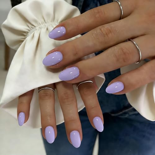 KQueenest Press On Nails Short - Lilac Press On Nails Oval, 32 Pcs 16 Sizes Natural Short Fake Nails Press ons Almond, Reusable Glossy Elegant Lavender Glue on Nail with Glue for Everyday Office Wear
