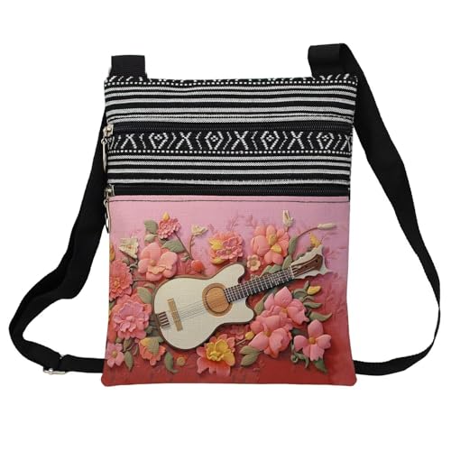 Floral White Guitar Messenger Bag Small Ethnic Pattern Printed Adjustable Strap Crossbody Zipper Bag Floral White Guitar Phone Bag Wallet Cute Shoulder Handbag for Women