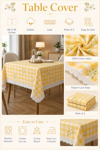Image of Amazon Brand - Umi Cotton Tablecloth Pack of 2, 4-6 Seater Dining Table Cover, Yellow Gingham Check Daisy Floral Print Rectangular Table Linen with Lace Trim 4 Corners Farmhouse Cottage Style
