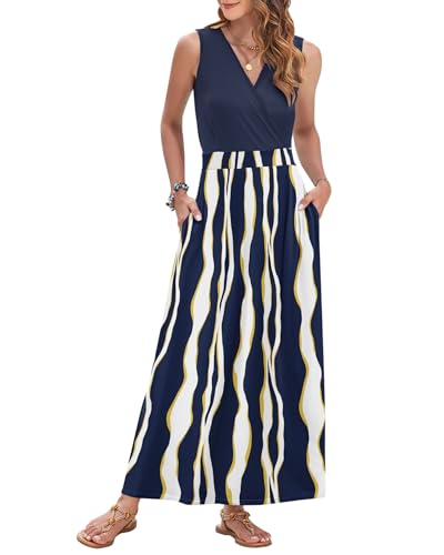 Image of AUSELILY Womens Maxi Dress Summer Sleeveless Wrap Long Dresses with Pockets | V-Neck Wrap Sleeveless Sundress, fits formal, casual, beach, vacation & daily wear