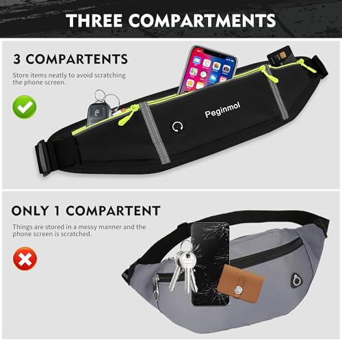 PEGINMOL Laufgürtel für Handy, Lauftasche Jogging Wasserdicht, Läufer-Hüfttasche für Damen und Herren mit 3 Taschen, Großer Kapazität Sportgürtel Verstellbarem Running Belt zum Laufen (Schwarz + Grün)