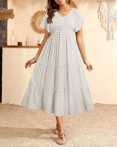 Image of Pinup Fashion Maternity Summer Dress Baby Shower Easter Pregnancy A-Line | Smocked V-neck, flutter sleeves, breathable floral fabric, bump friendly, perfect for photoshoot, spring casual,postpartum