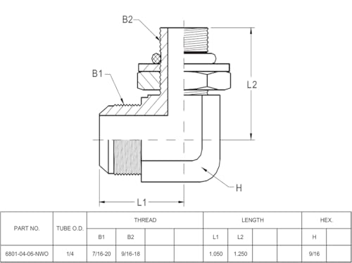 Image of (2-PACK) 6801-04-06-NWO Hydraulic Hose Adapter Fitting 1 /4 inch Male JIC 37 Flare(7 /16 inch-20UNF)x3 /8 inchMale Adjustable Nut O-Ring Boss(9 /16-18UNF) 90Elbow SAE Pipe Joints Connector Carbon Steel