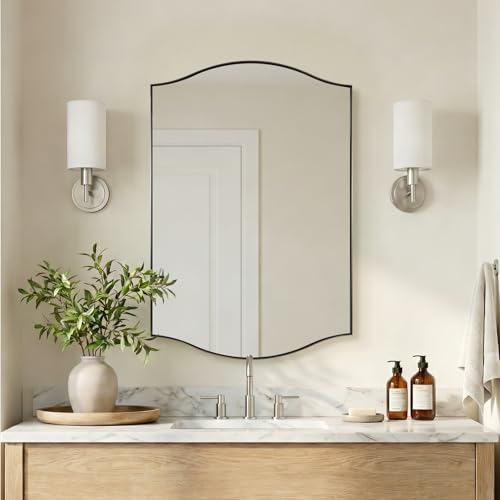 Image of ANDY STAR Brushed Nickel Mirror, 24 inchx36 inch Silver Scalloped Wall Mirror for Bathroom, Curved Edge Design with SUS304 Stainless Steel Metal Frame, Ideal for Bathroom, Bedroom, Entryway