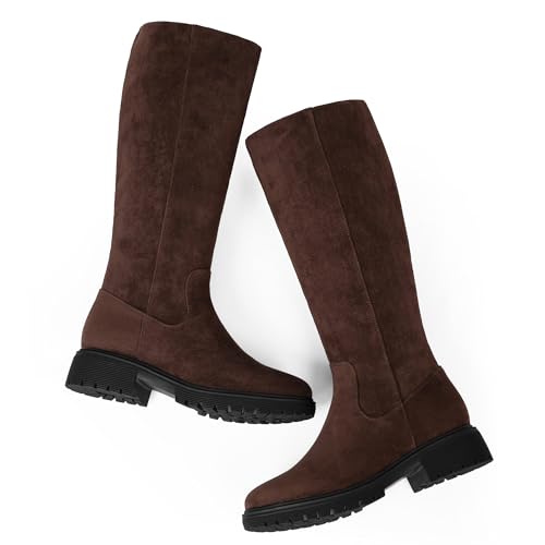 Image of VIUGJNEX Knee High Boots Women Low Heel Flat Chunky Fall Tall Riding Boots