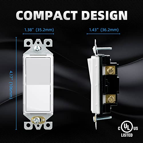 ELEGRP Glossy White Single Pole Decorator Light Switch, 15Amp, 120/277V, Decorative Paddle Rocker Switch Replacement, On/Off Wall Switch, Self-Grounding, Residential/Commercial Grade, 10 Pack, UL/CUL,