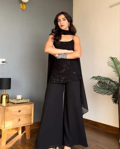 Image of Sequin Embroidered Women's Kurta Palazzo Set with Dupatta | Wide Leg Palazzo with Sheer Dupatta for Women | Indo Western 3 Piece Women Kurta Palazzo Set