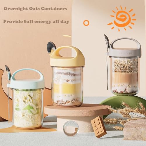 Image of Zephorus Overnight Oats Glass Jar with Lid and Spoon Portable Mason Oatmeal Container Breakfast Cup | Large Kitchen Storage for Healthy - Fruit, Milk, Salad, Nuts, Yogurt (Multicolor, pack of 1)