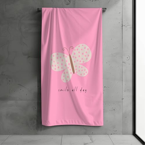 MTOnlinehandel Kinder Strandtuch 70x140 cm – Weiches & Saugfähiges Badetuch mit Schmetterling-Motiv pink – Baumwolle & Polyester Mix – Schnelltrocknend
