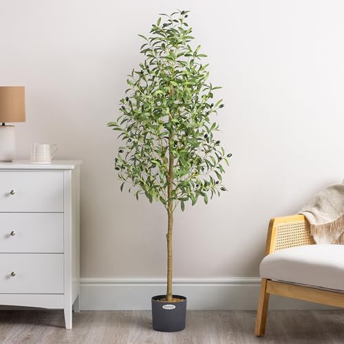 CHRISTOW Artificial Olive Tree, Indoor Outdoor House Plant Decoration, Faux Olives & Lifelike Feel-Real PEVA Leaves, Pre Potted in Weighted Faux Cement Pot for Living Room Bedroom Office (5ft/150cm)