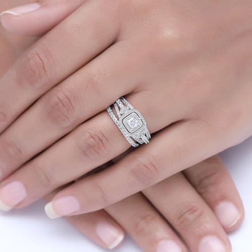 Bridal Ring Set for Women Princess & Round Lab Created Moissanite or Lab Grown Diamond Halo Ring in 14K Gold Over Sterling Silver Jewelry Gift for Her2