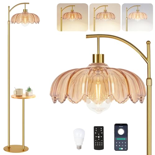 Image of QIYIZM Gold Floor Lamp with Table and Shelves for Living Room Bedroom,Glass Standing Lamp with Remote Dimmable,Boho Brass Tall Lamp Vintage Farmhouse Arc Flower Floor Light Bohemian